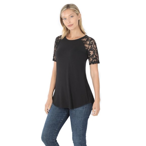 Zenana women top-Lace short sleeve round neck - Picture 3 of 3